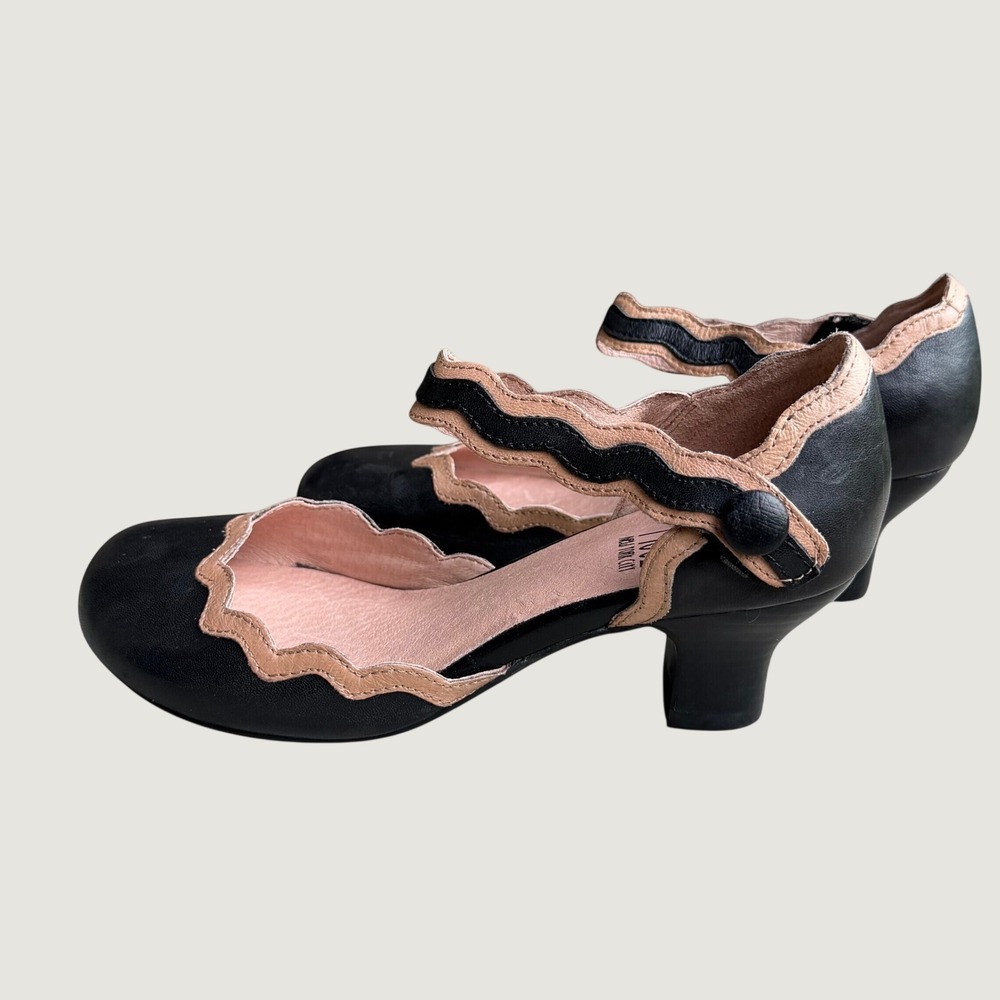 Miz Mooz Troian Black Tan Leather Scalloped Mary Jane Block Heel Pumps 6.5 37